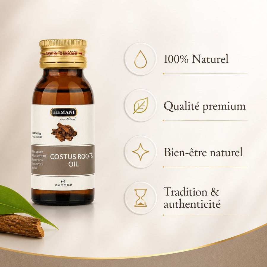 4 Huile de Costus Indien 30mL Hemani 100% naturelle – infographie des bienfaits et des ingrédients clés