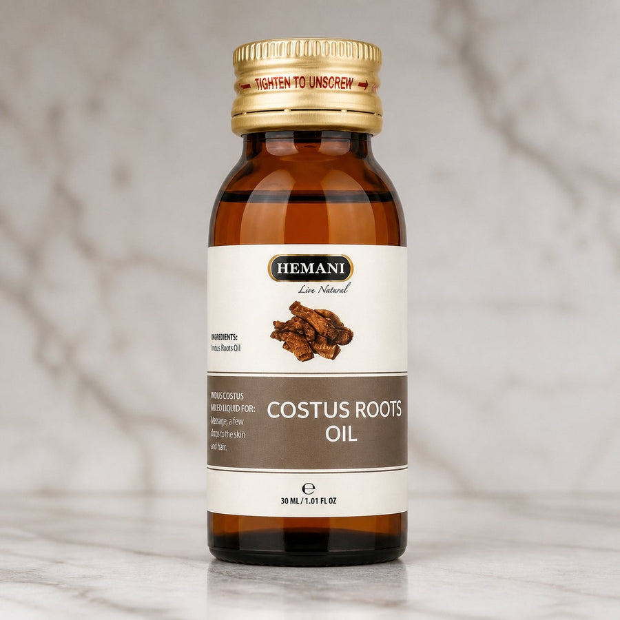 4 Huile de Costus Indien 30mL Hemani 100% naturelle – gros plan sur les détails et la finition du packaging
