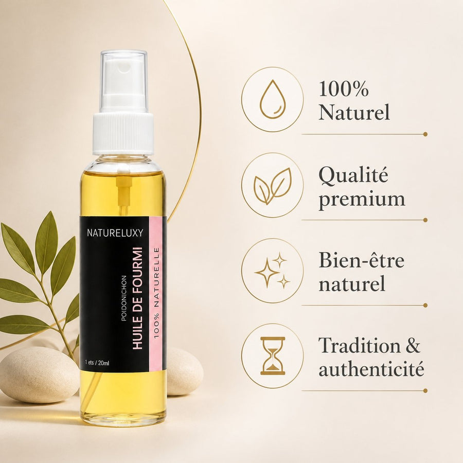 4 Huile de Fourmi contre la pousse des poils 30mL Natureluxy – infographie des bienfaits et des ingrédients clés