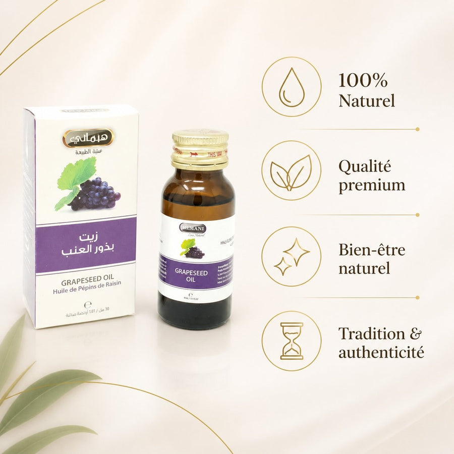 4 Huile de Pépin de Raisin 30mL 100% Naturelle Hemani – infographie des bienfaits et des ingrédients clés