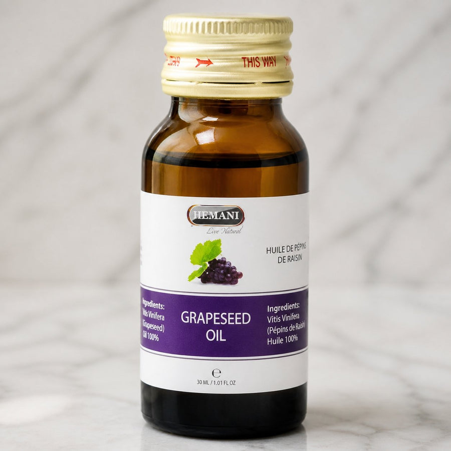 4 Huile de Pépin de Raisin 30mL 100% Naturelle Hemani – gros plan sur les détails et la finition du packaging