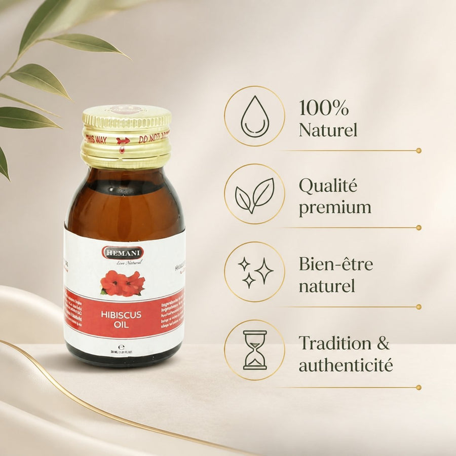 4 Huiles d'Hibiscus 30mL 100% Naturelle Hemani – infographie des bienfaits et des ingrédients clés