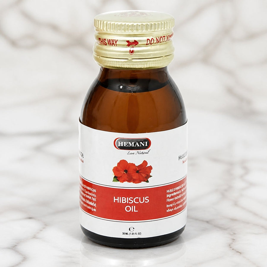 4 Huiles d'Hibiscus 30mL 100% Naturelle Hemani – gros plan sur les détails et la finition du packaging