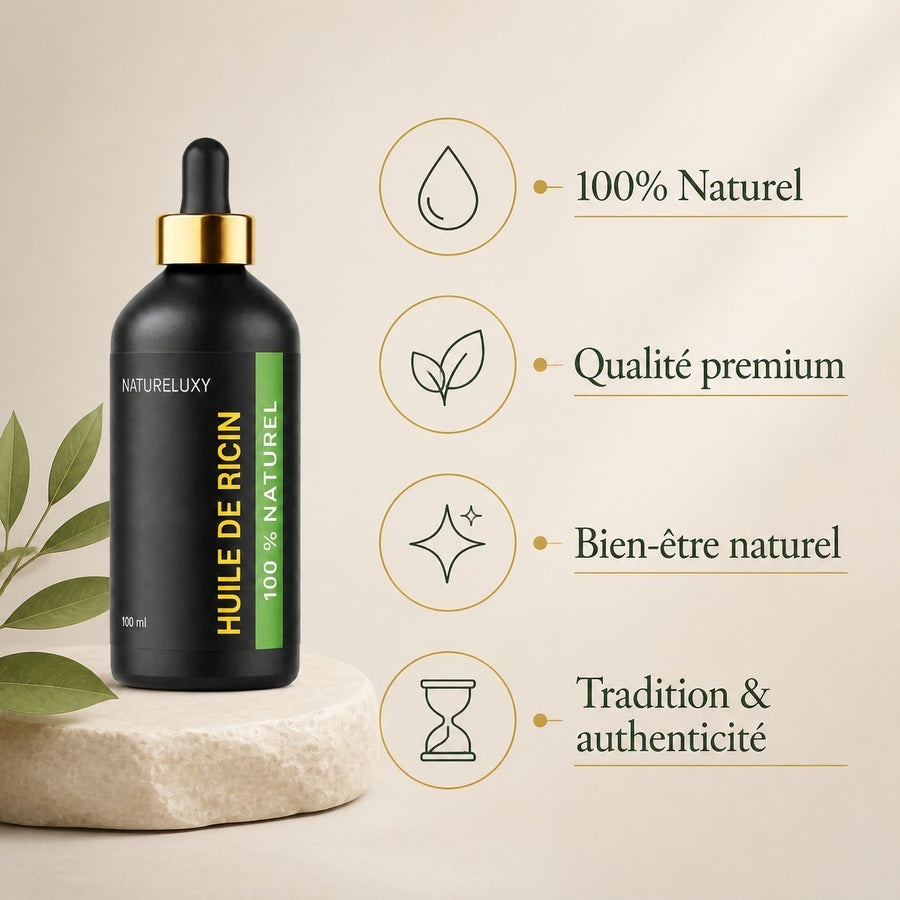 4 Huiles végétale de ricin 100ml à pipette Réduction – infographie des bienfaits et des ingrédients clés