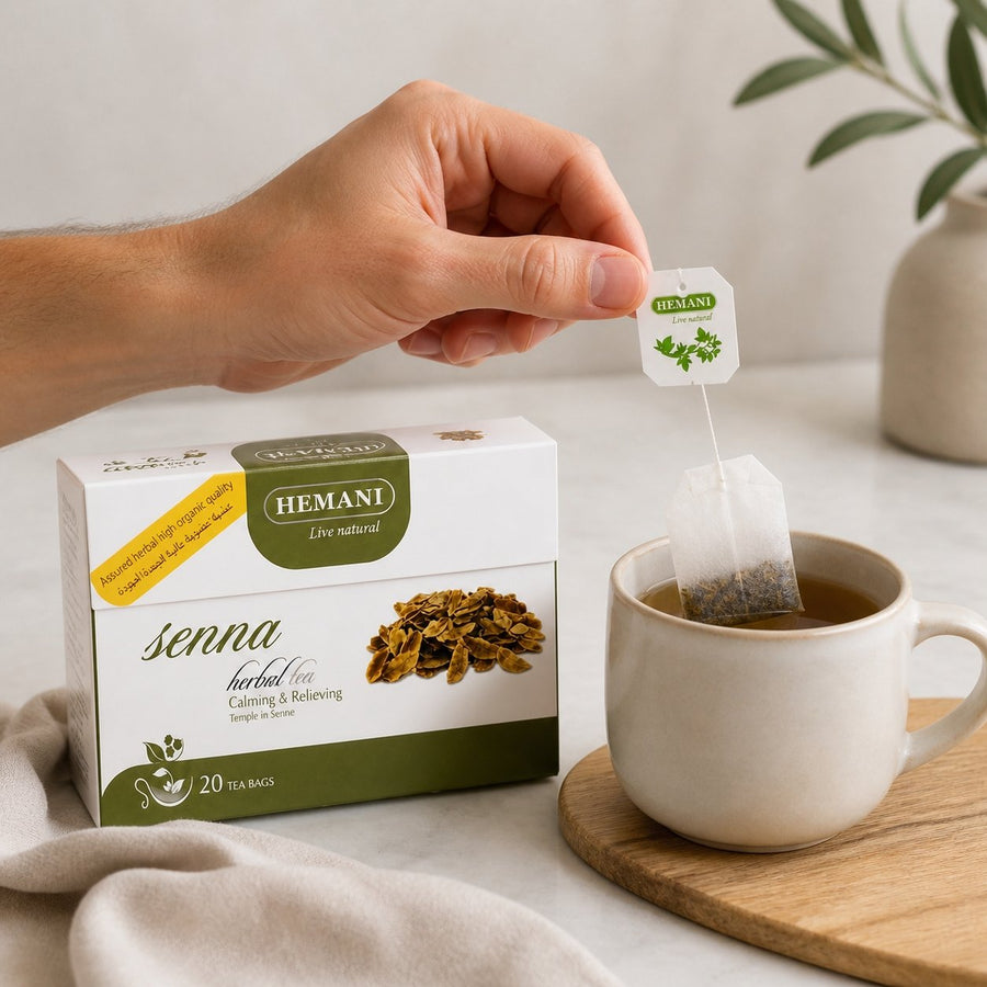 Lot de 4 Tisanes au Séné Hemani — 20 sachets par boîte (80 sachets) – application en situation réelle, geste de soin quotidien