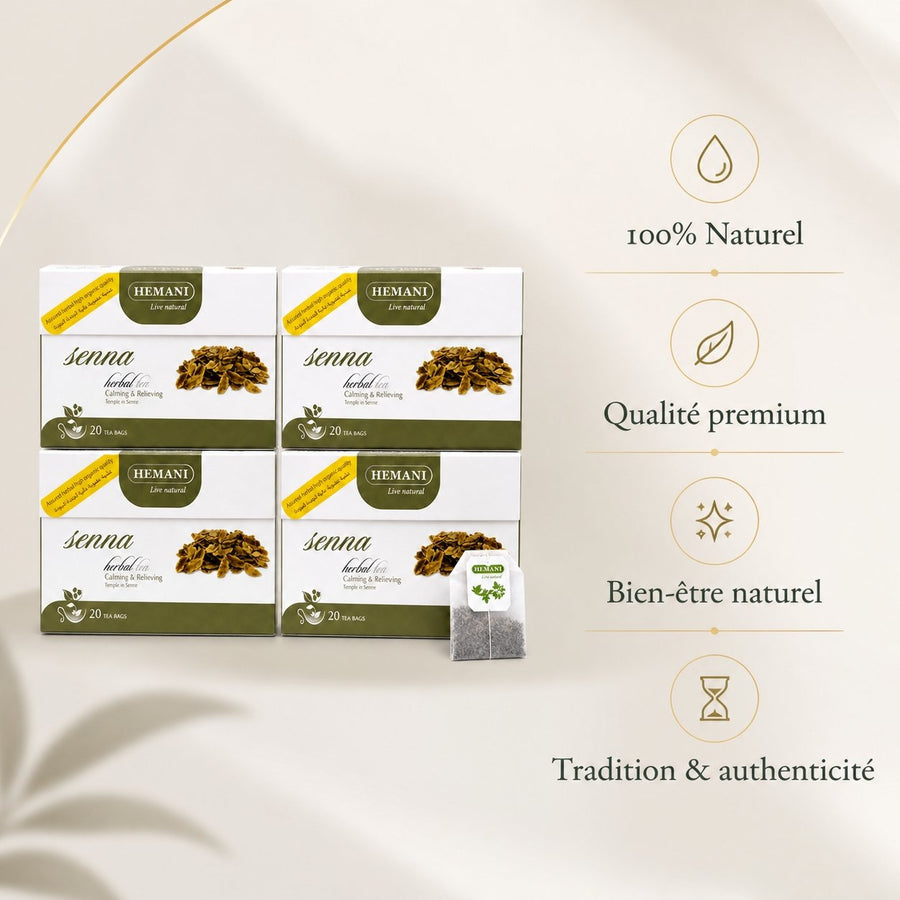 Lot de 4 Tisanes au Séné Hemani — 20 sachets par boîte (80 sachets) – infographie des bienfaits et des ingrédients clés