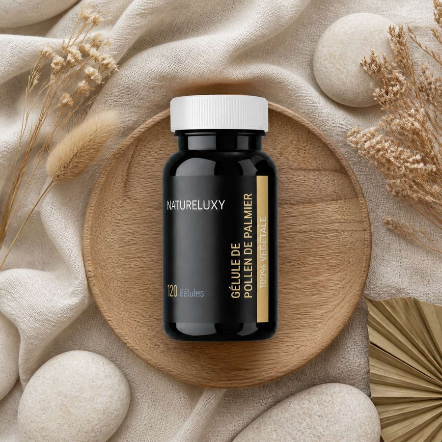 4X120 gélules de Pollen de Palmier NATURELUX – composition flat lay avec éléments naturels, vue du dessus