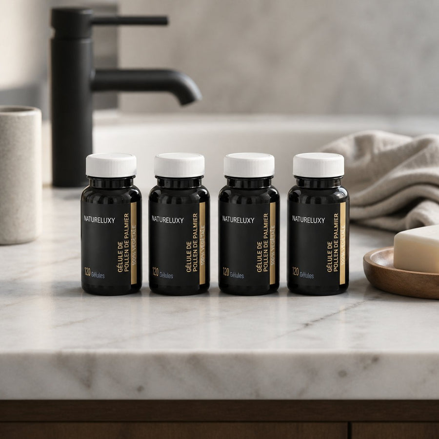 4X120 gélules de Pollen de Palmier NATURELUX – présentation du produit dans une salle de bain lumineuse et naturelle