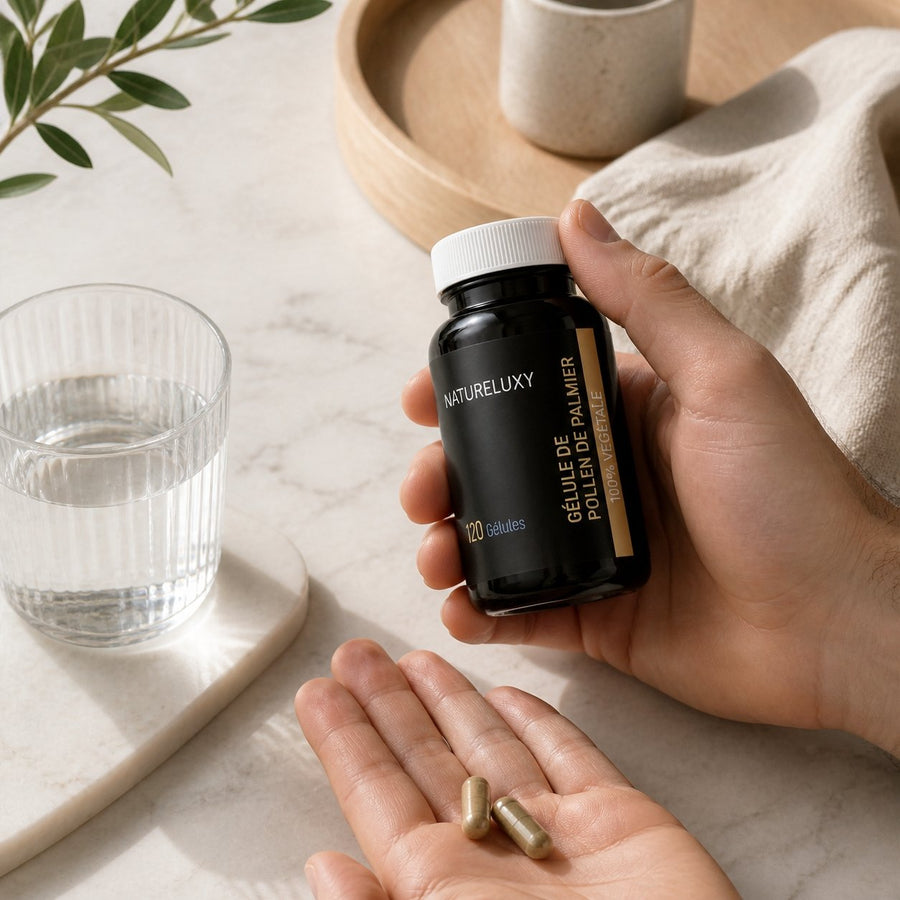 4X120 gélules de Pollen de Palmier NATURELUX – application en situation réelle, geste de soin quotidien