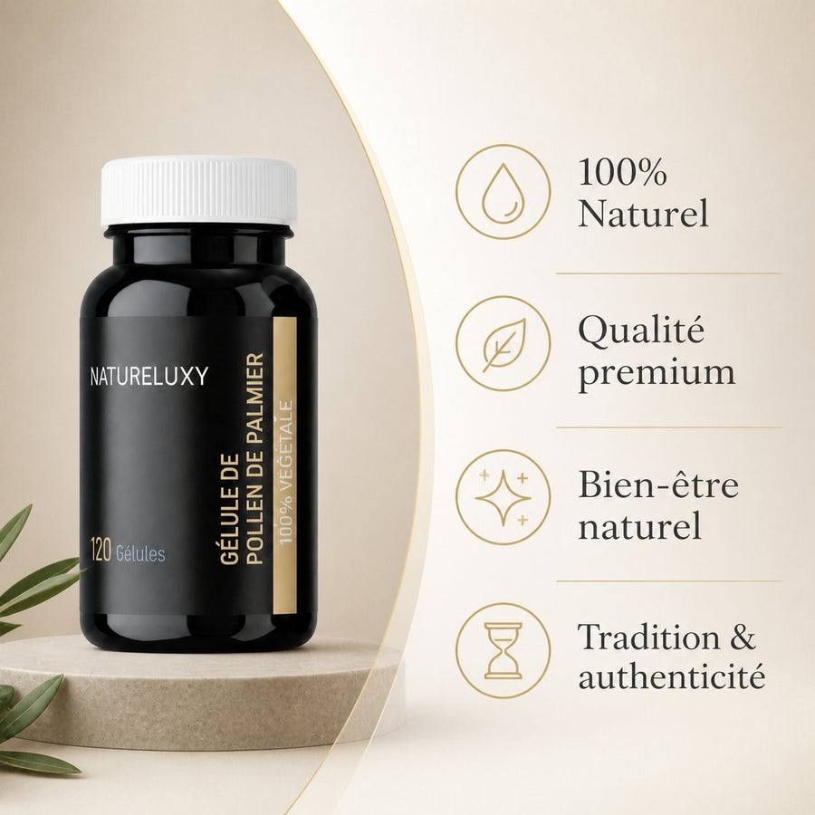 4X120 gélules de Pollen de Palmier NATURELUX – infographie des bienfaits et des ingrédients clés