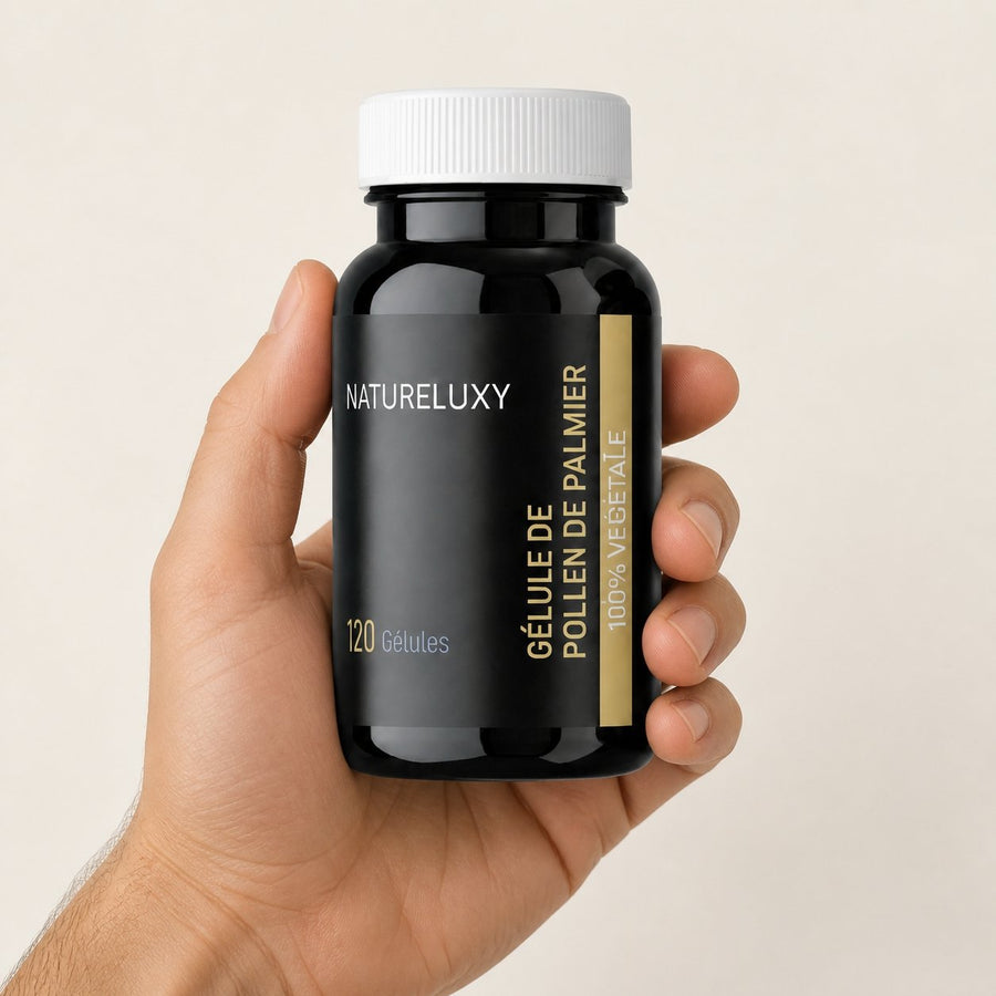 4X120 gélules de Pollen de Palmier NATURELUX – taille et contenance réelles du produit en main
