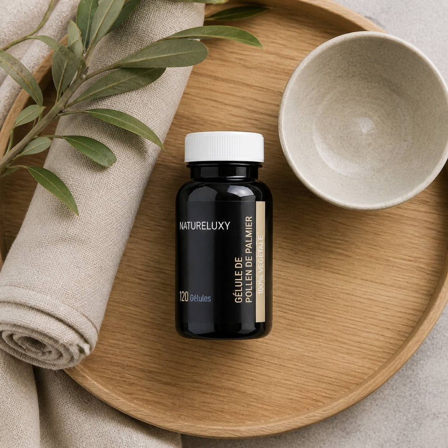 4X120 gélules de Pollen de Palmier NATURELUX – rituel d'utilisation vu du dessus, ambiance naturelle zen