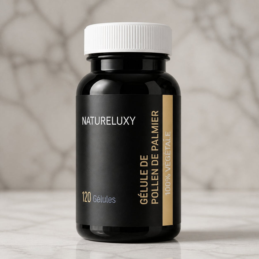 4X120 gélules de Pollen de Palmier NATURELUX – gros plan sur les détails et la finition du packaging