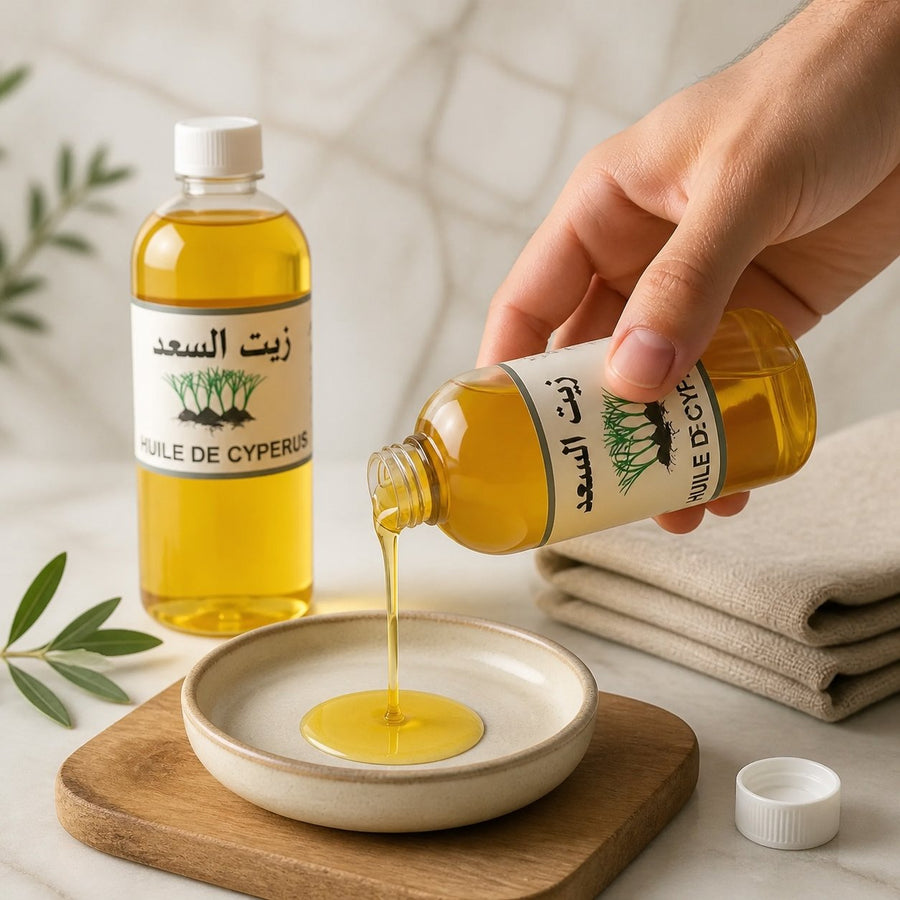 Pack 4×1L Huile de Souchet 100% Naturelle – Macérat – Soin peau & cheveux – Format économique 4 L – application en situation réelle, geste de soin quotidien