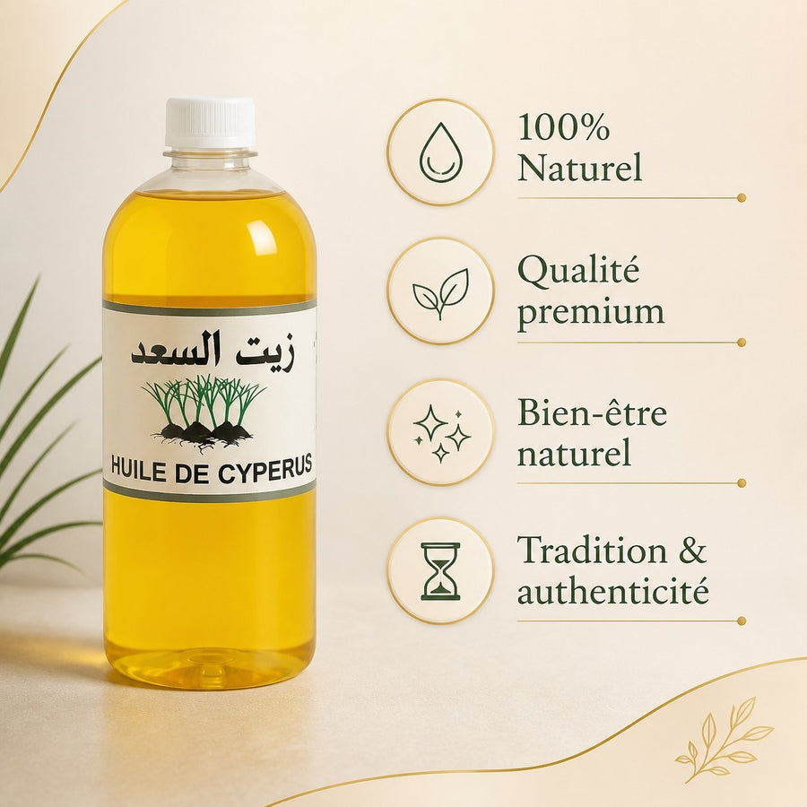 Pack 4×1L Huile de Souchet 100% Naturelle – Macérat – Soin peau & cheveux – Format économique 4 L – infographie des bienfaits et des ingrédients clés