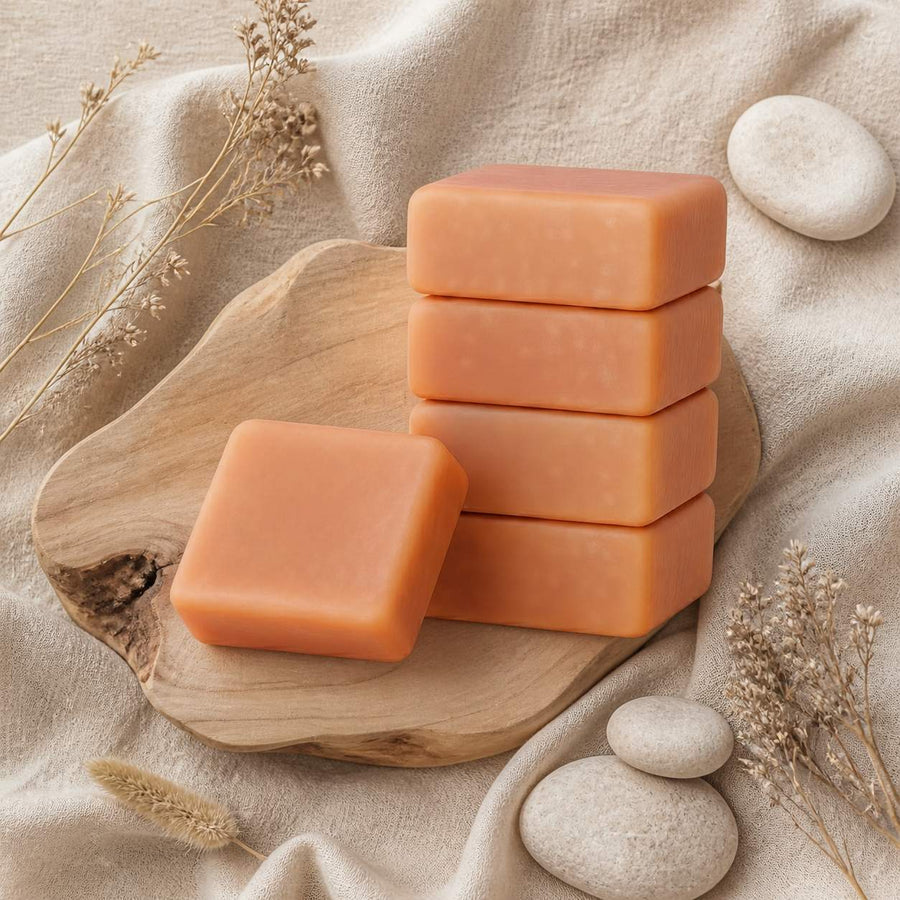 Lot de 5 carrés de musc orange – parfum solide – composition flat lay avec éléments naturels, vue du dessus