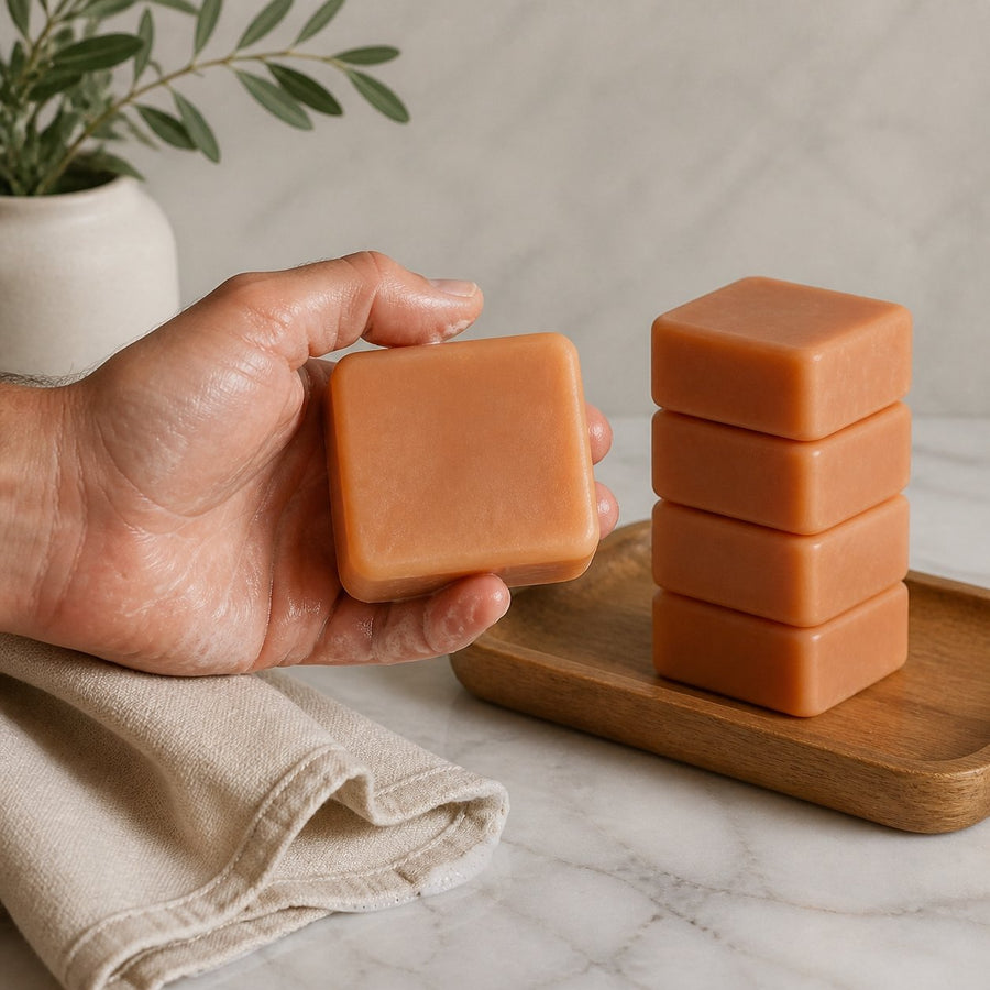 Lot de 5 carrés de musc orange – parfum solide – application en situation réelle, geste de soin quotidien
