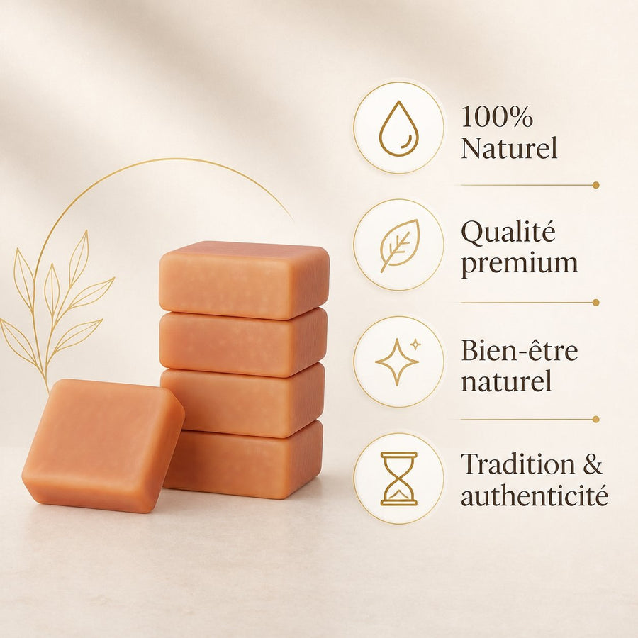Lot de 5 carrés de musc orange – parfum solide – infographie des bienfaits et des ingrédients clés