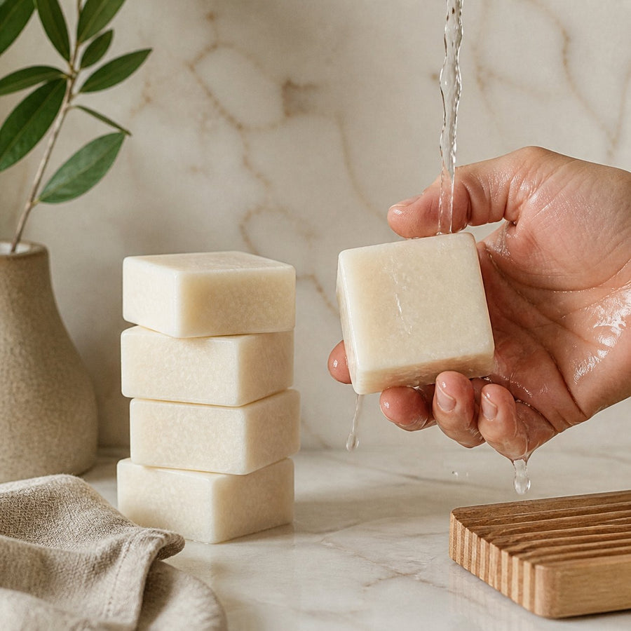Lot de 5 carrés de musc blanc – parfum solide – application en situation réelle, geste de soin quotidien