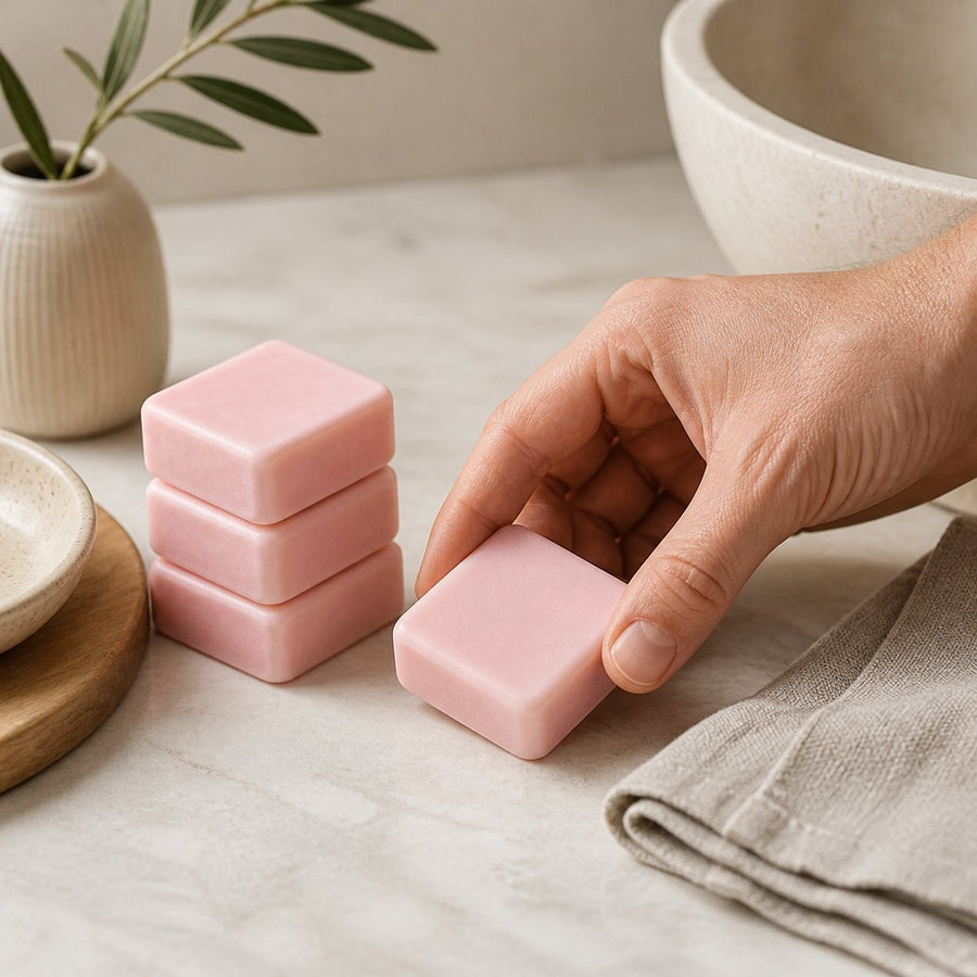 Lot de 5 carrés de musc rose – parfum solide – application en situation réelle, geste de soin quotidien