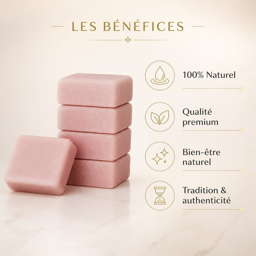 Lot de 5 carrés de musc rose – parfum solide – infographie des bienfaits et des ingrédients clés