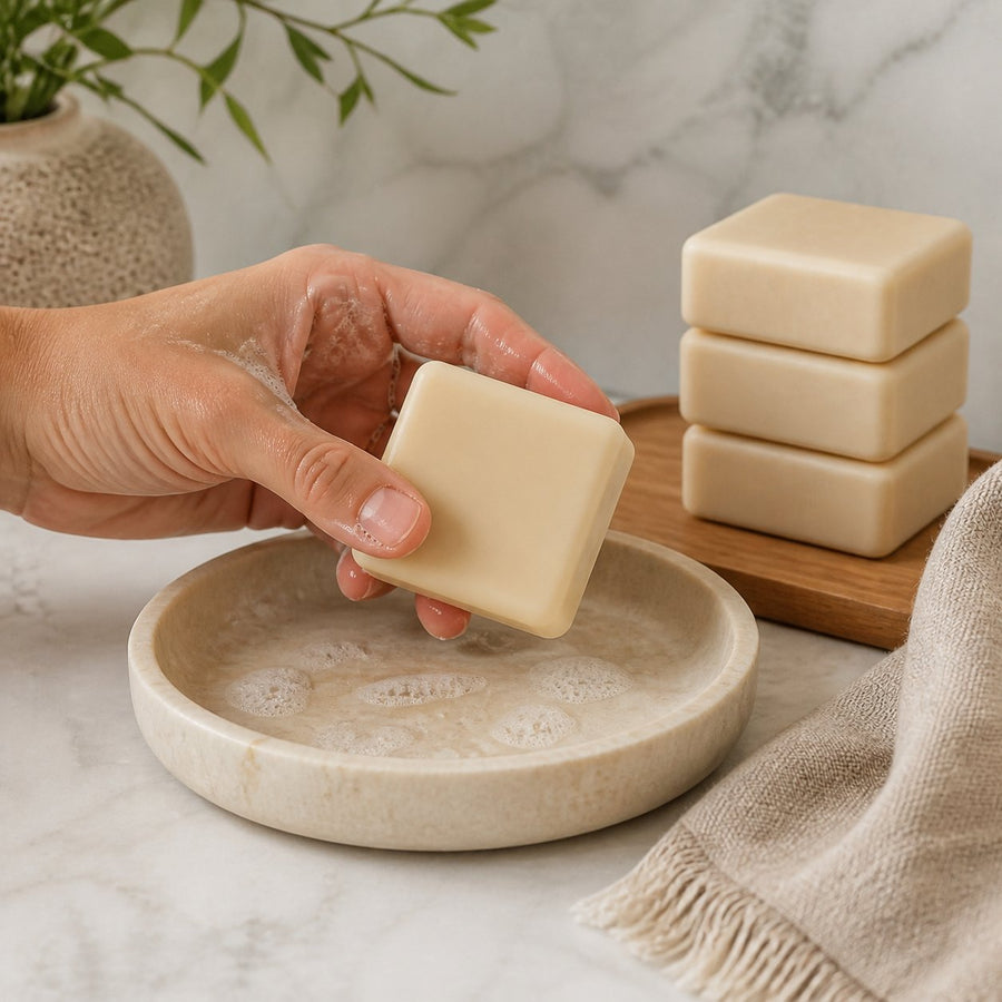Lot de 5 carrés de musc vanille – parfum solide – application en situation réelle, geste de soin quotidien
