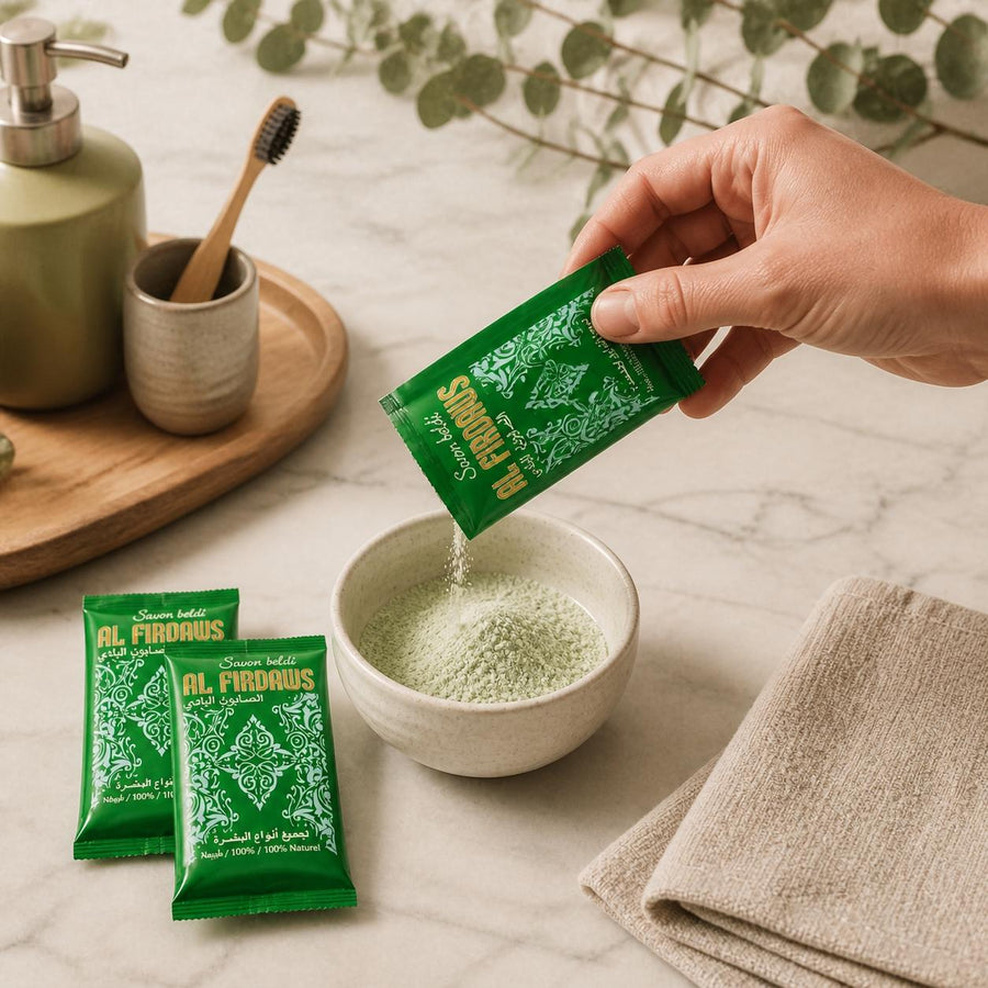 5 dosettes savon noir - 100% naturel – application en situation réelle, geste de soin quotidien