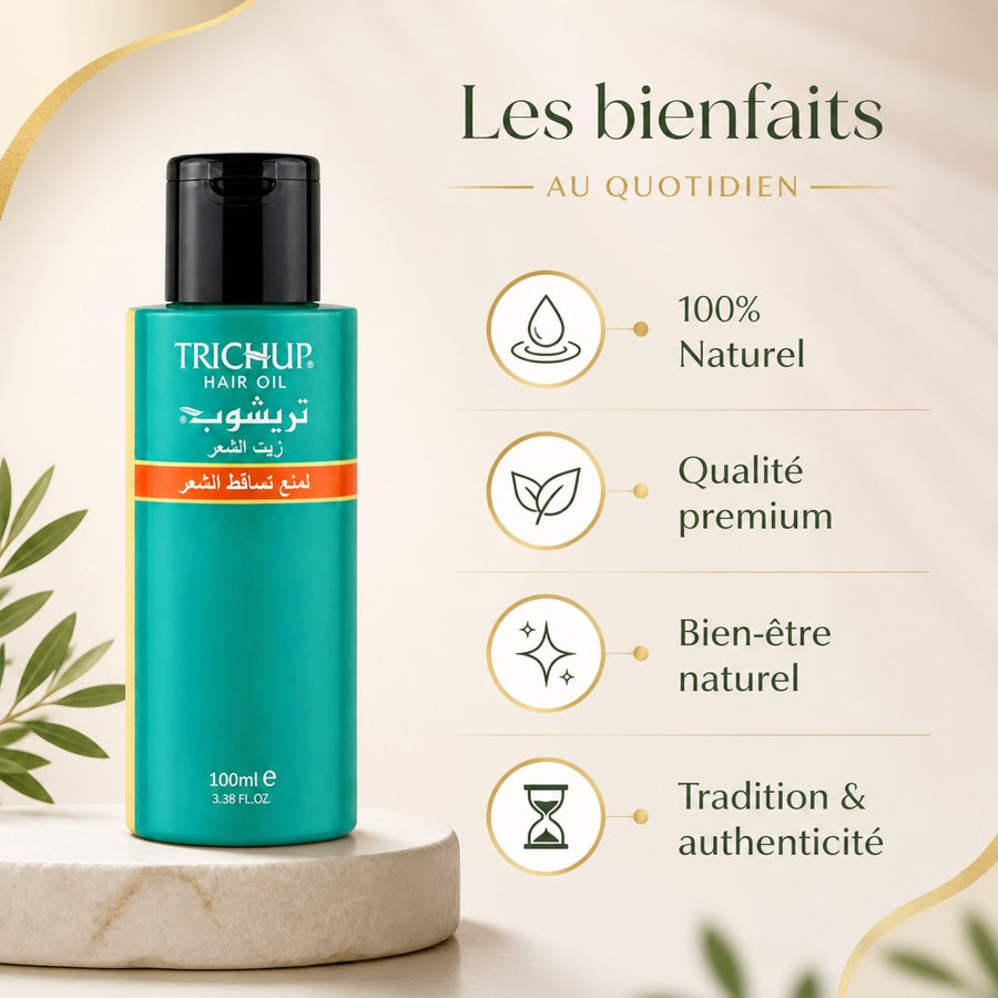 5 Huile Anti-Chute Soin Indien Trichup 50mL – infographie des bienfaits et des ingrédients clés