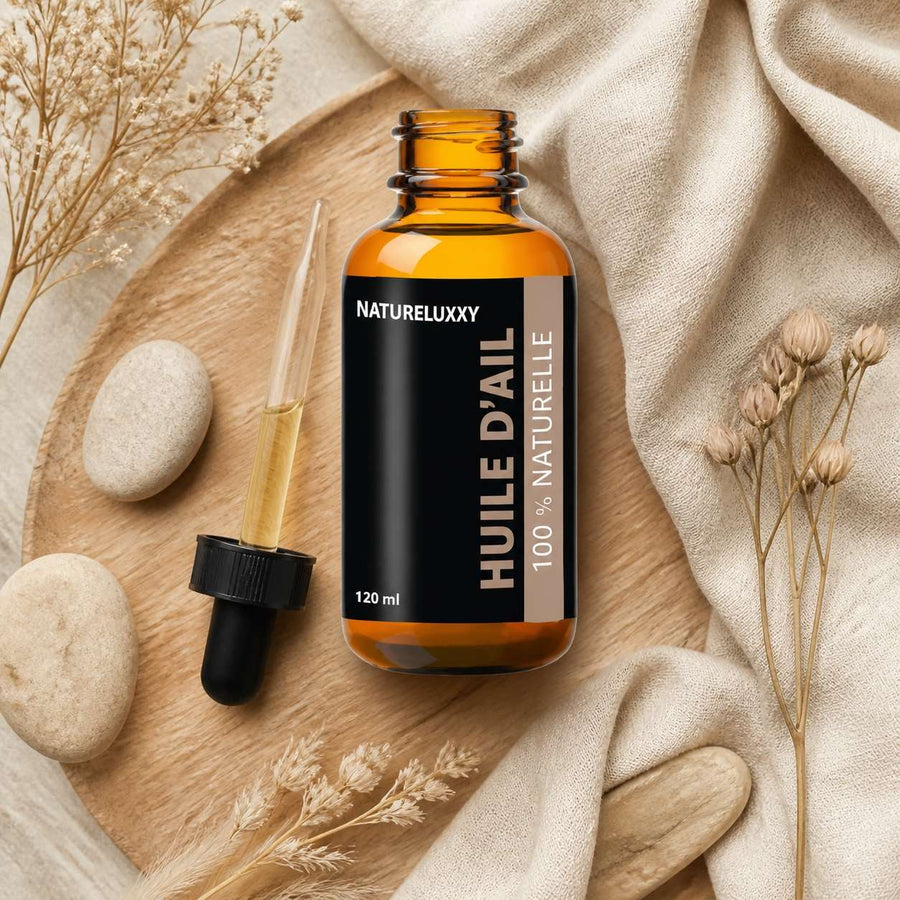 5 Huile d'Ail 100mL Pipette 100% Naturelle – composition flat lay avec éléments naturels, vue du dessus
