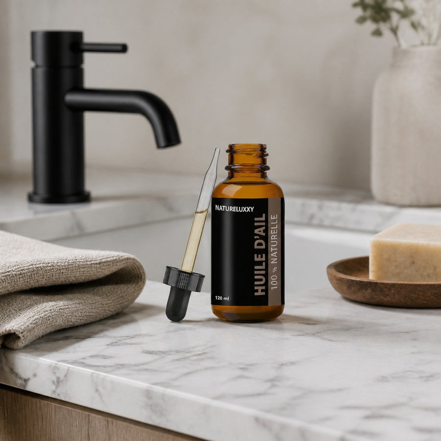 5 Huile d'Ail 100mL Pipette 100% Naturelle – présentation du produit dans une salle de bain lumineuse et naturelle