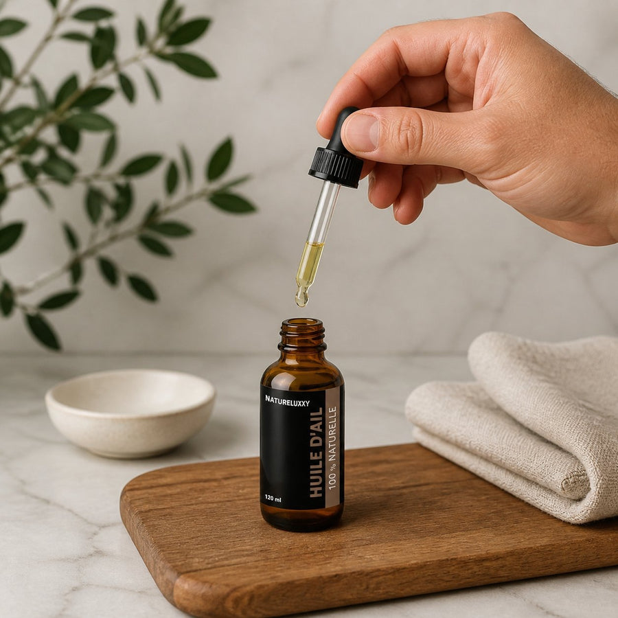 5 Huile d'Ail 100mL Pipette 100% Naturelle – application en situation réelle, geste de soin quotidien