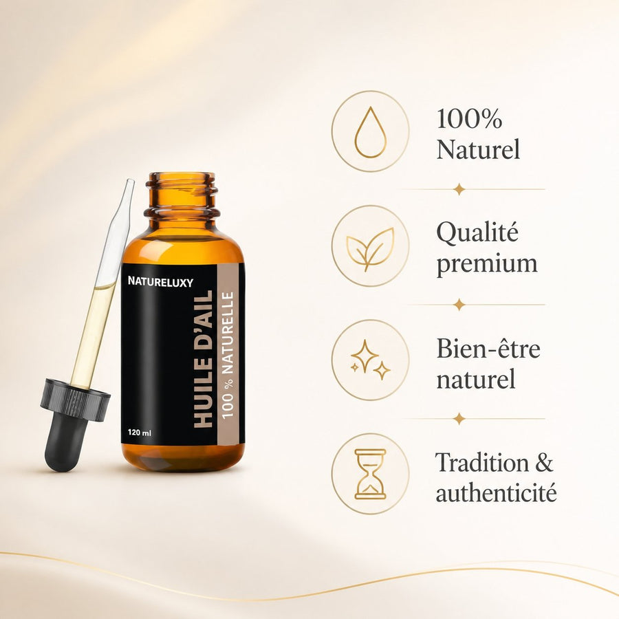 5 Huile d'Ail 100mL Pipette 100% Naturelle – infographie des bienfaits et des ingrédients clés