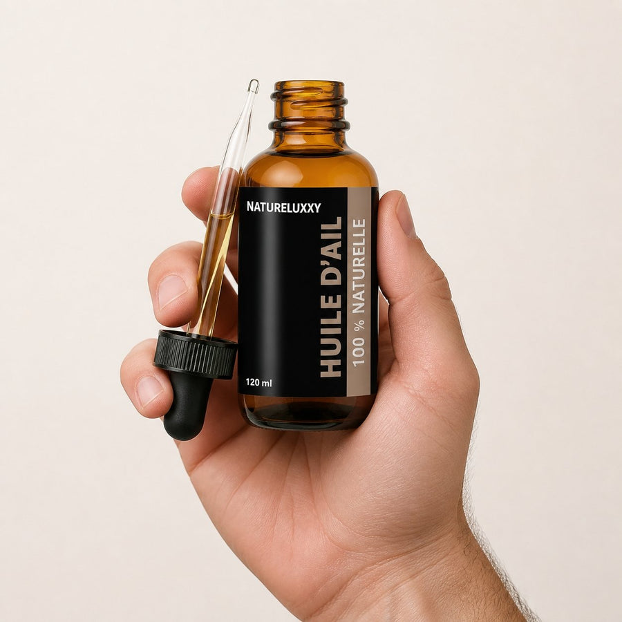 5 Huile d'Ail 100mL Pipette 100% Naturelle – taille et contenance réelles du produit en main