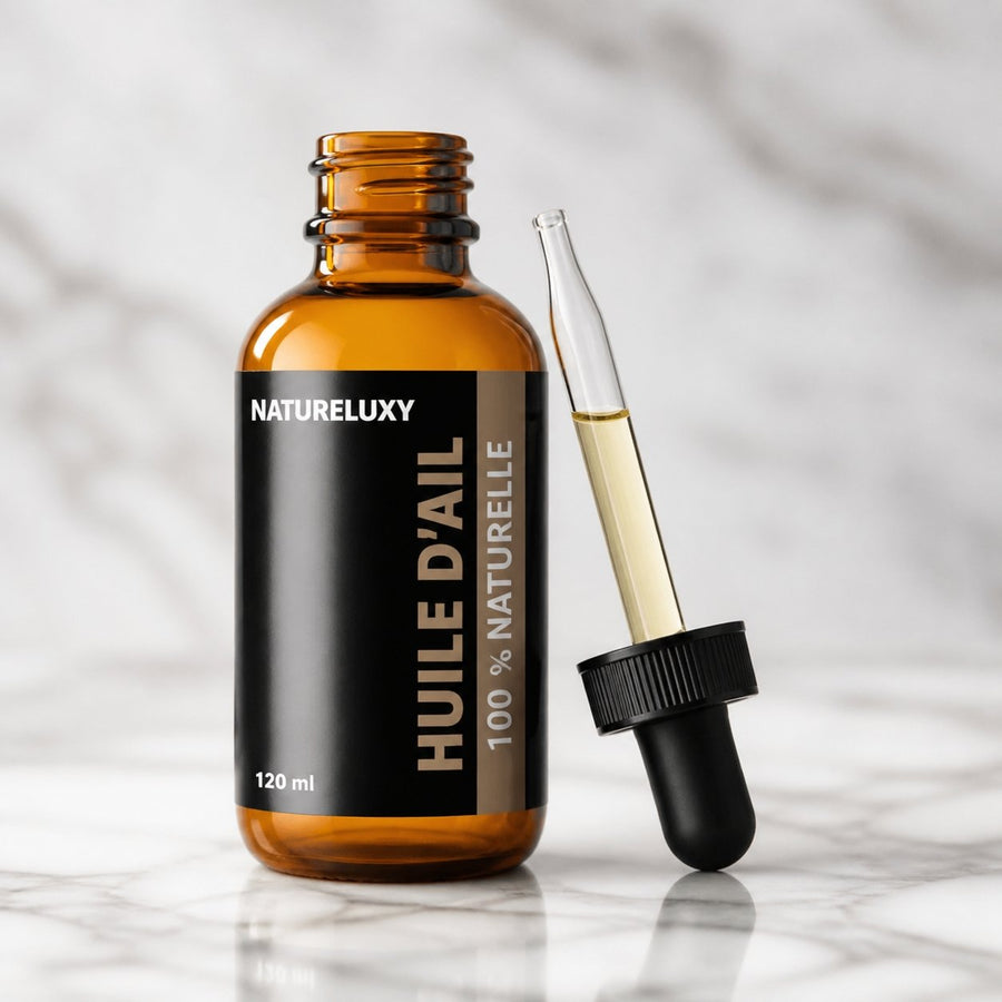 5 Huile d'Ail 100mL Pipette 100% Naturelle – gros plan sur les détails et la finition du packaging