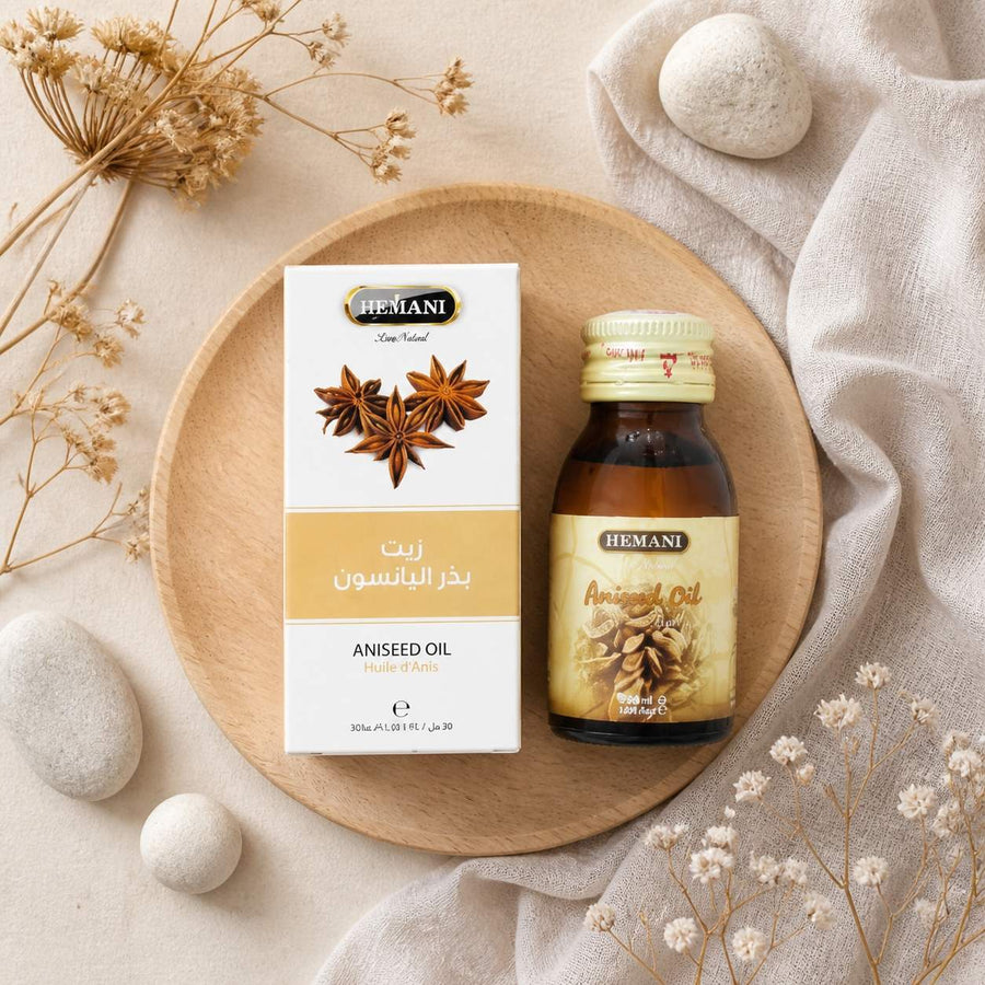 5 Huile d'Anis 30mL 100% Naturelle Hemani – composition flat lay avec éléments naturels, vue du dessus