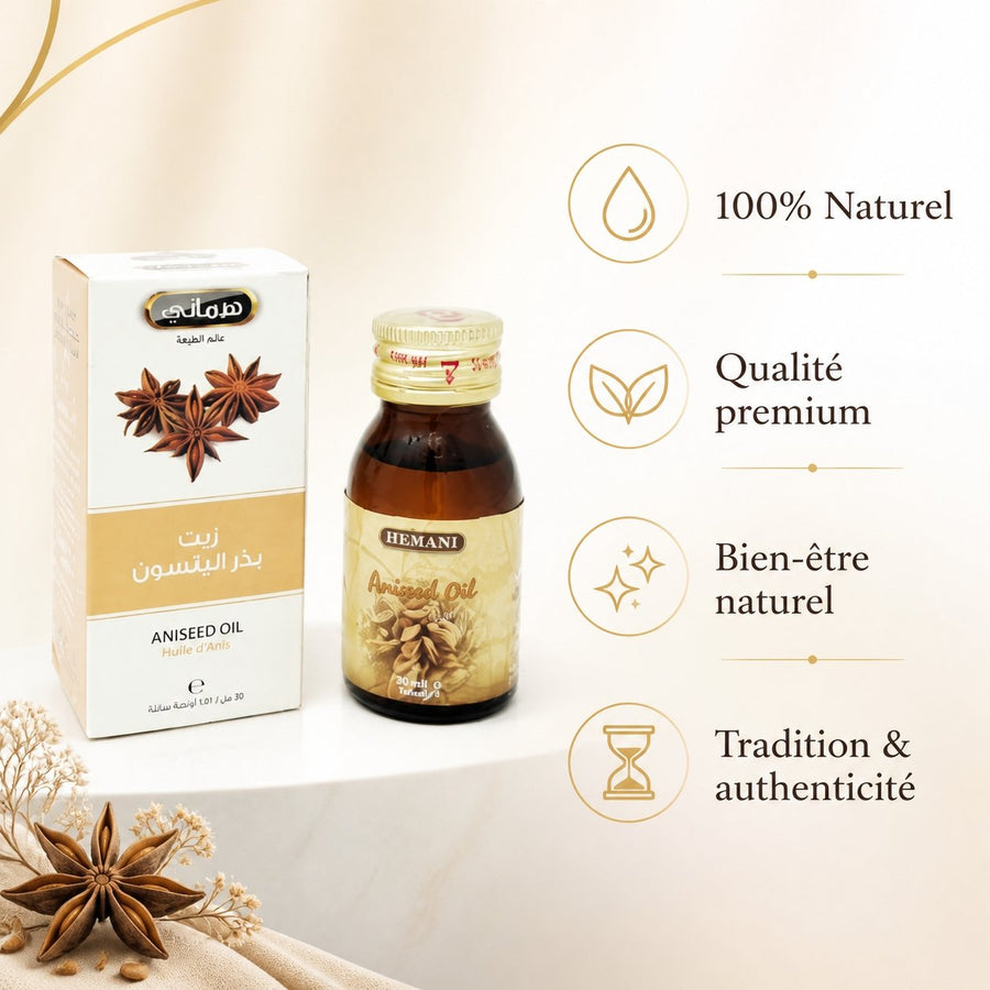 5 Huile d'Anis 30mL 100% Naturelle Hemani – infographie des bienfaits et des ingrédients clés