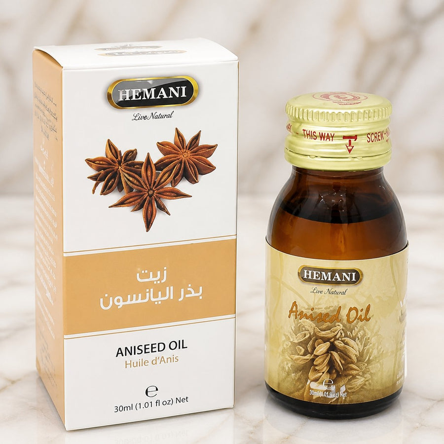 5 Huile d'Anis 30mL 100% Naturelle Hemani – gros plan sur les détails et la finition du packaging