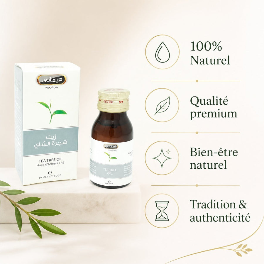5 Huile d'Arbre à Thé 30mL 100% Naturelle Hemani – infographie des bienfaits et des ingrédients clés