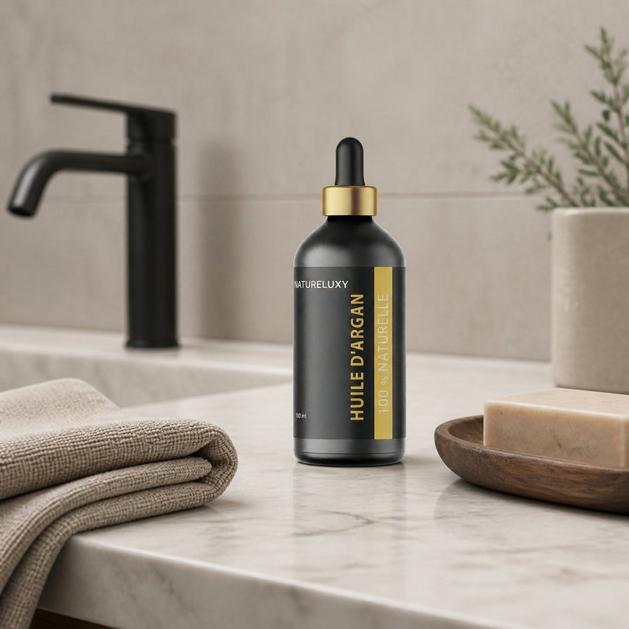 Lot 5× Huile d’Argan 100 ml Pipette – 100% naturelle, soin visage corps & cheveux (Origine Maroc) – présentation du produit dans une salle de bain lumineuse et naturelle
