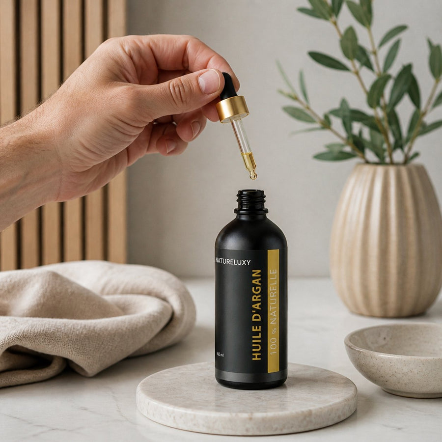 Lot 5× Huile d’Argan 100 ml Pipette – 100% naturelle, soin visage corps & cheveux (Origine Maroc) – application en situation réelle, geste de soin quotidien