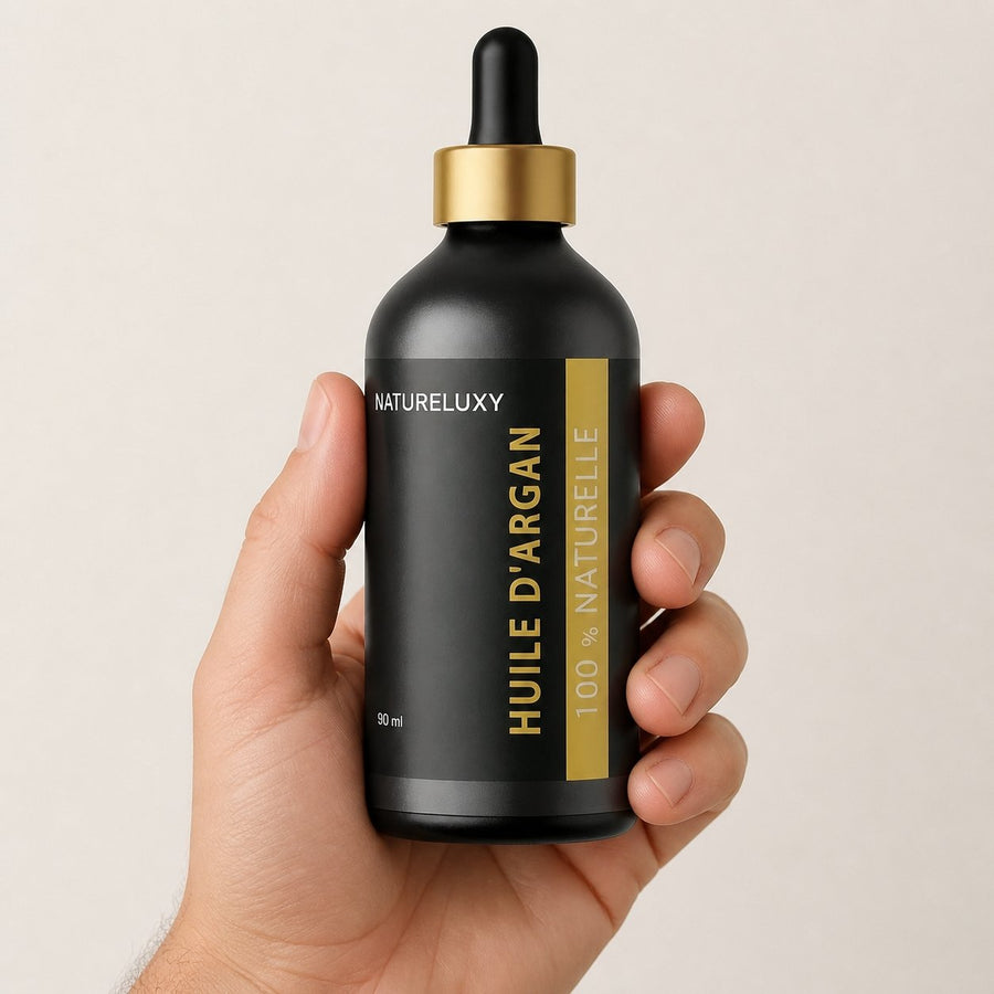 Lot 5× Huile d’Argan 100 ml Pipette – 100% naturelle, soin visage corps & cheveux (Origine Maroc) – taille et contenance réelles du produit en main