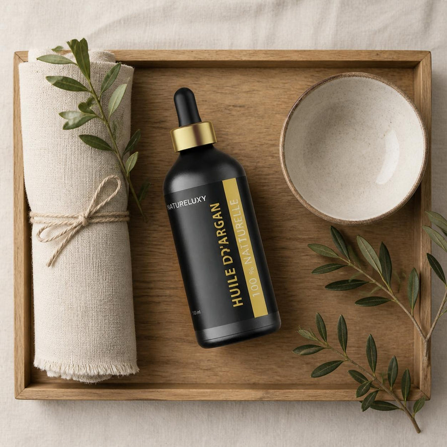 Lot 5× Huile d’Argan 100 ml Pipette – 100% naturelle, soin visage corps & cheveux (Origine Maroc) – rituel d'utilisation vu du dessus, ambiance naturelle zen