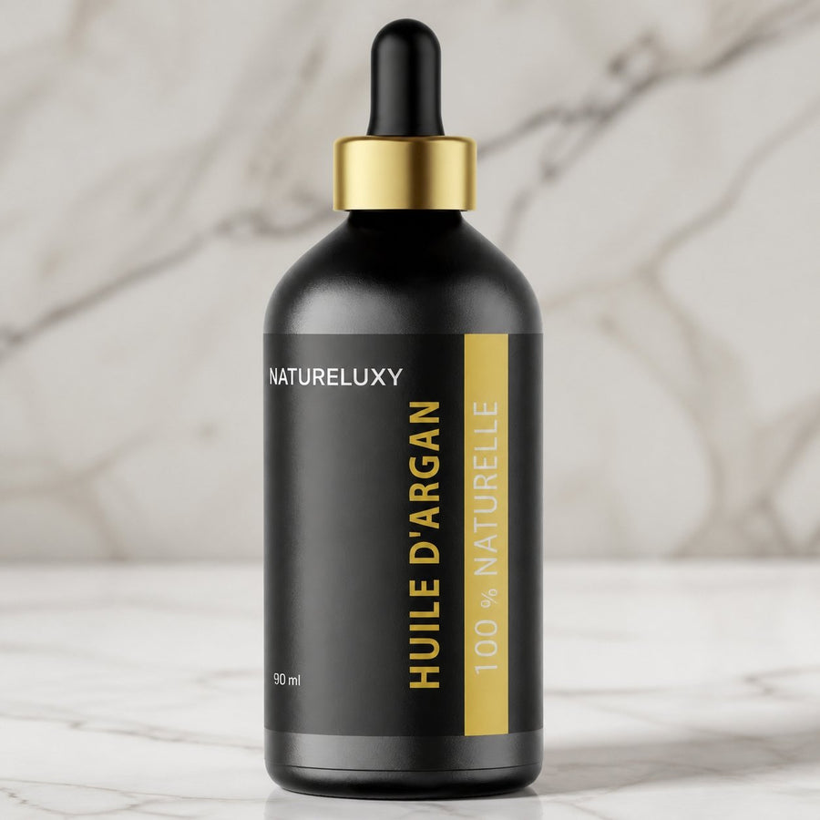 Lot 5× Huile d’Argan 100 ml Pipette – 100% naturelle, soin visage corps & cheveux (Origine Maroc) – gros plan sur les détails et la finition du packaging