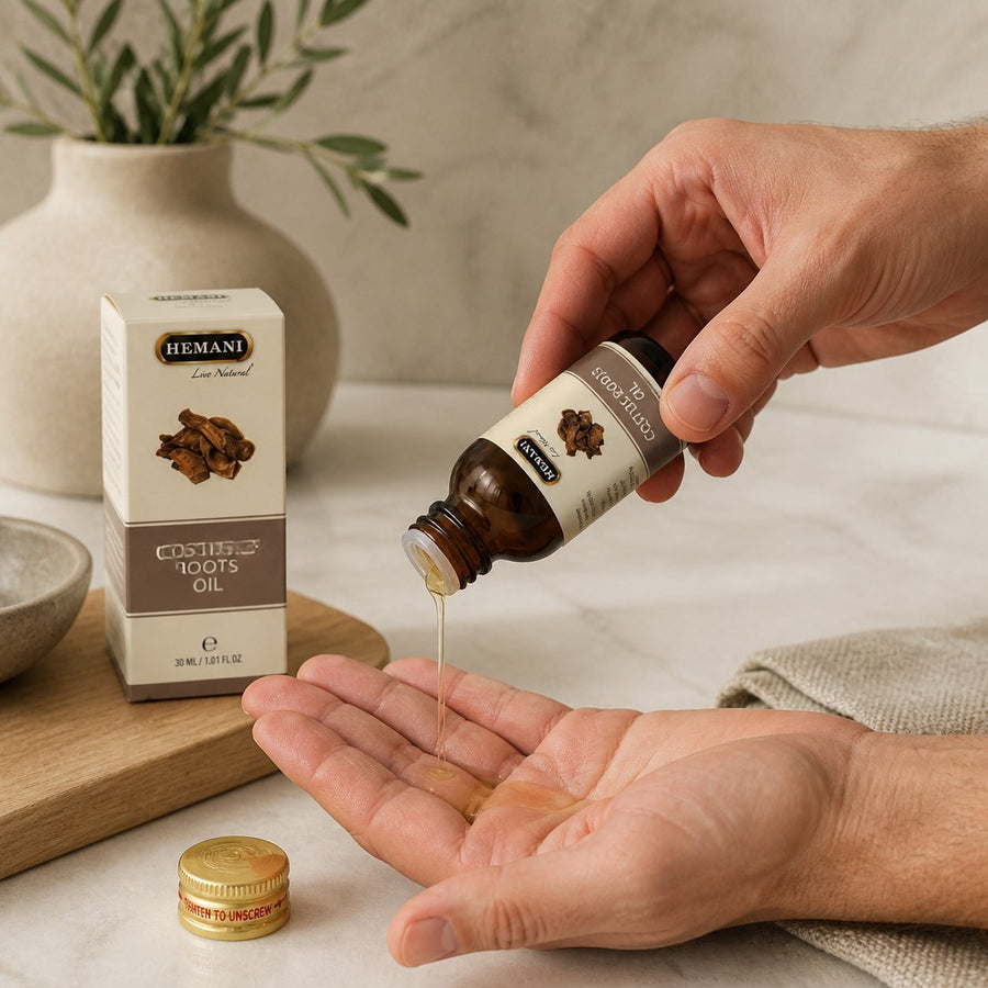 5 Huile de Costus Indien 30mL Hemani 100% naturelle – application en situation réelle, geste de soin quotidien