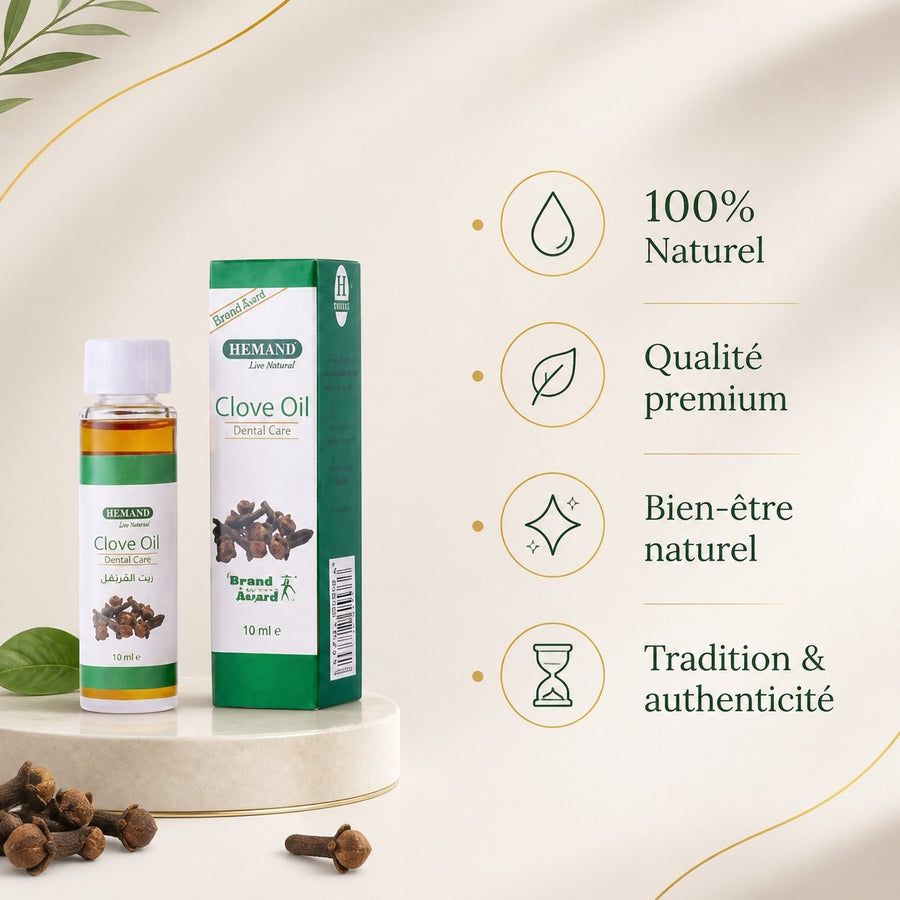 5 Huile de Girofle 10mL Hemani – infographie des bienfaits et des ingrédients clés