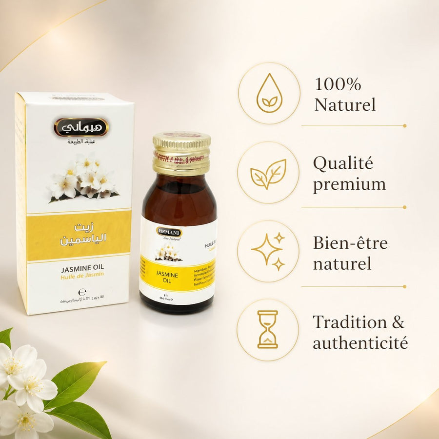 5 Huile de Jasmin 30ml Naturelle Hemani – infographie des bienfaits et des ingrédients clés