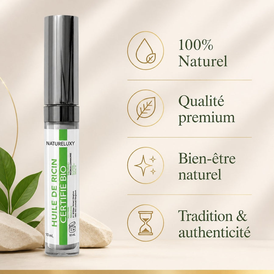 5 Huile de ricin en mascara pour faire pousser les cils - 10 ml – infographie des bienfaits et des ingrédients clés