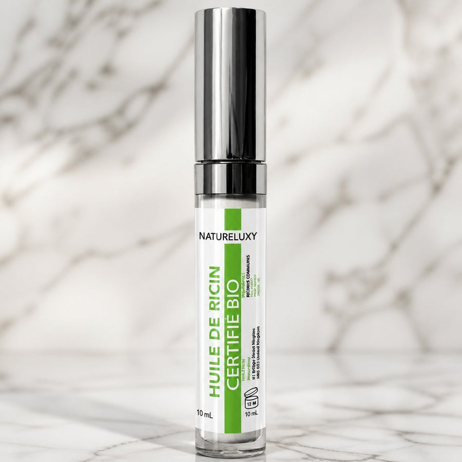 5 Huile de ricin en mascara pour faire pousser les cils - 10 ml – gros plan sur les détails et la finition du packaging