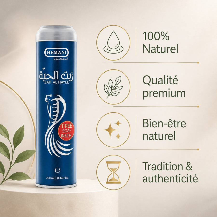 Lot x5 Huile capillaire Zait Al Hayee (Huile de Serpent) Hemani 250 mL – Soin cheveux & barbe – infographie des bienfaits et des ingrédients clés