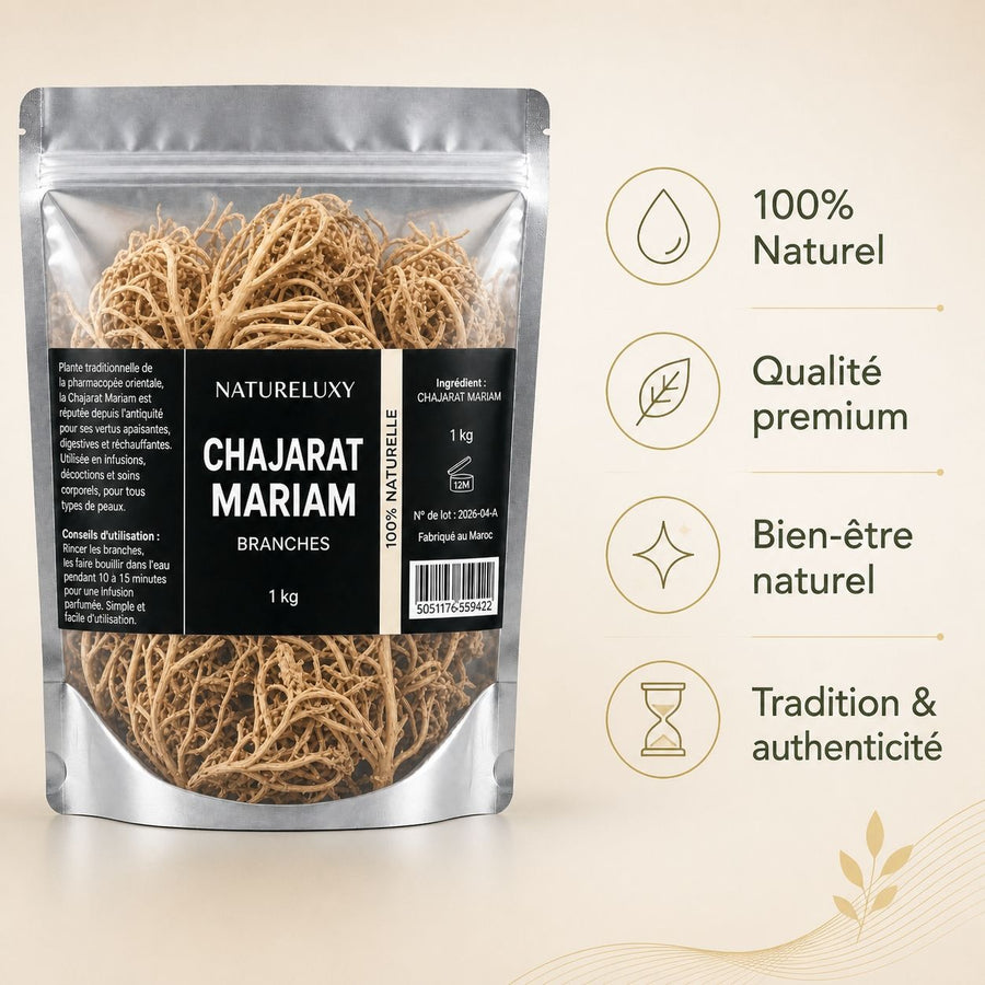 1kg Chajarat Mariam Plante pour La Fertilité Vente en Gros – infographie des bienfaits et des ingrédients clés